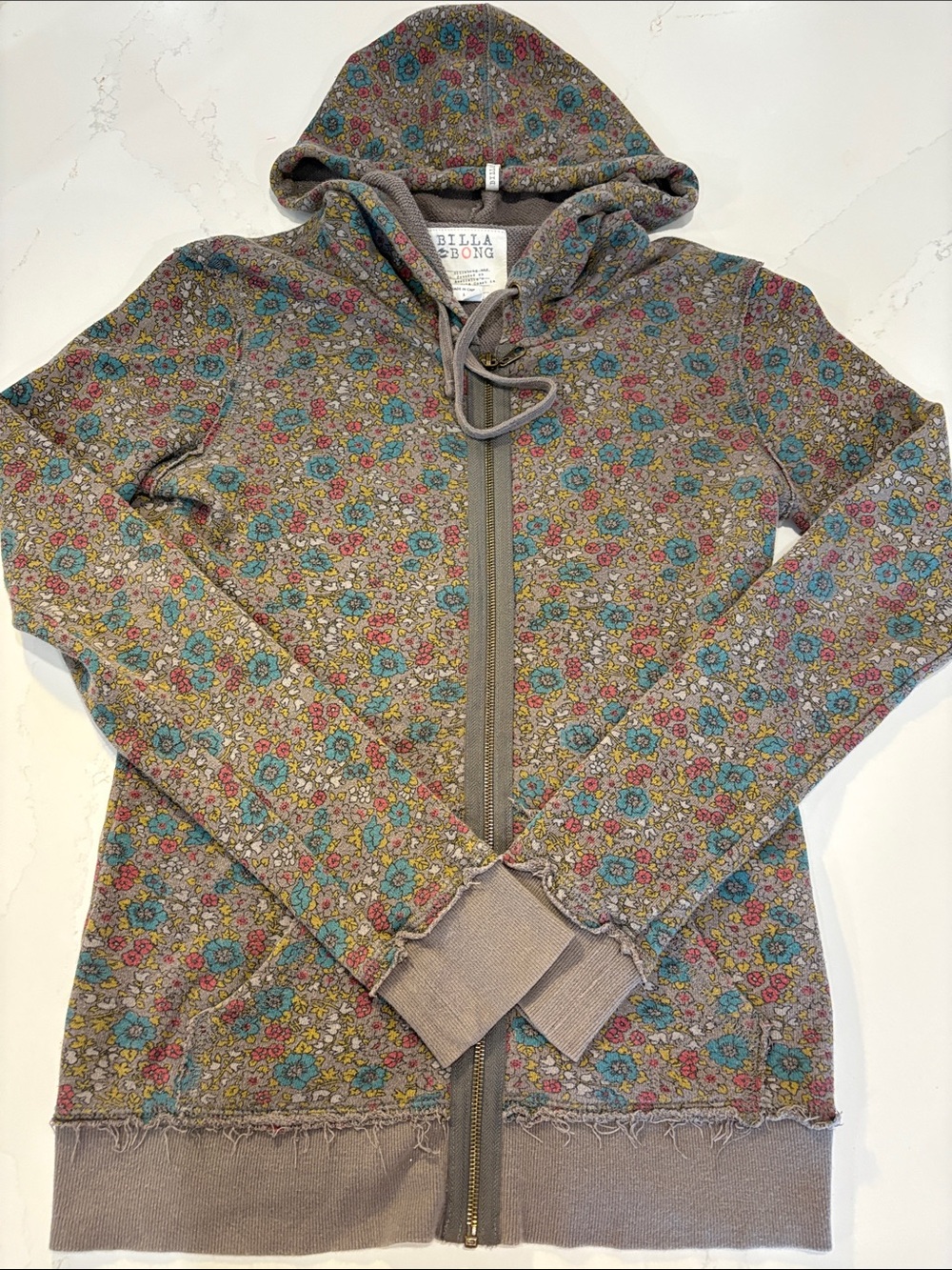 Billabong Taupe Gray Floral Zip Hoodie with Teal & Pink Accents Size Large (note
